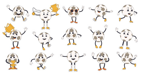 Soccer ball retro mascots set. Football groovy characters collection. Rubber hose animation style cartoon sport equipment isolated on white background. Championship competition. Vector.