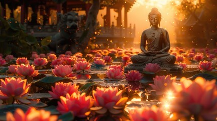Buddha statue among lush lotus flowers radiating calm and tranquility with copy space