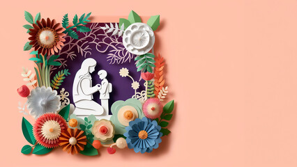 Fototapeta na wymiar Beautiful handmade paper art for Mother's Day celebration. Delicate floral designs in a crafty style. Space for text.