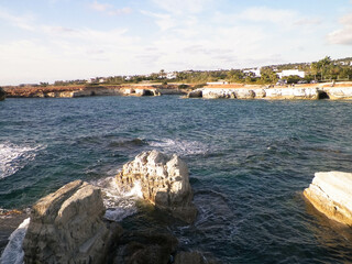Rocky formations on Cyprus. Mediterranean sea coast. - obrazy, fototapety, plakaty