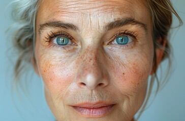 A close-up portrait showcasing the transformative effects of cosmetology on a woman's aging skin