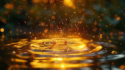 glowing golden sphere falling into a still body of water. The moment of impact creates a crown of droplets, with concentric ripples expanding outward. The lighting is soft yet directional. - obrazy, fototapety, plakaty