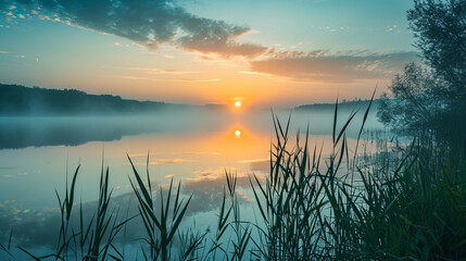 Misty Lake Sunrise with Reeds - obrazy, fototapety, plakaty