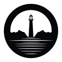 Black and white round lighthouse badge icon vector illustration - 779493598