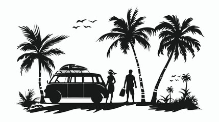 Tourist trip summer travel in black and white flat vector