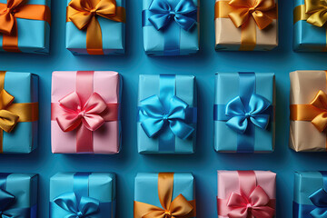 A colorful array of gift boxes with ribbons, arranged in an aesthetically pleasing pattern on a dark blue background. Created with Ai