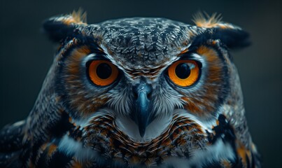 A closeup of an Eastern Screech owl with striking orange eyes staring at the camera. Its beak, feathers, and intricate iris display its adaptations as a terrestrial bird organism