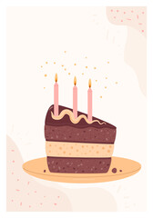 Happy Birthday greeting card with cake slice. Sweet bakery holiday. Pastry dessert with cream and candles festive flyer. Vector pie hand drawn illustration background.