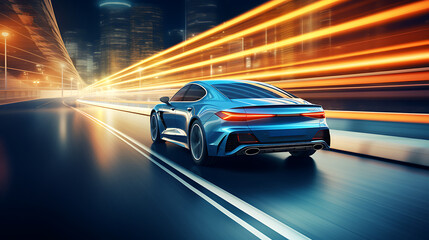 Obraz premium A blue car is driving down a highway. The car is moving fast and is surrounded by a blur of blue. The car is the main focus of the image, and it is in motion 