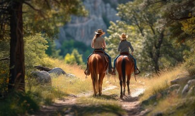 Couple riding on horse back in suuny day.  Riding horses in nature rear view