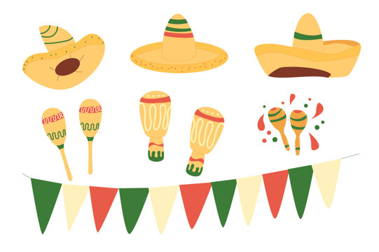 Cinco de Mayo elements set. Sombrero , maracas, flag garland. Mexican Festival traditional items. Vector flat hand drawn illustration isolated.