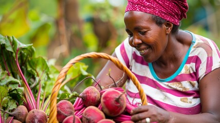 A wide shot of the woman placing the harvested beets in a basket. She is smiling and satisfied with her work.
