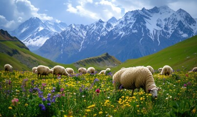 A herd of sheep grazes on green wild meadow  surrounded by mountains