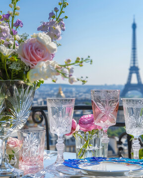 A photo of an elegant Parisian rooftop dining setup, featuring crystal champagne glasses and tableware in shades of pink and blue, The Eiffel Tower is visible in the bakcground