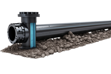 Black Pipe Resting on Pile of Dirt. On a White or Clear Surface PNG Transparent Background.