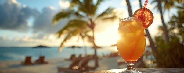 Cocktail drink at sunset beach in background. tropical sunny beach drink - obrazy, fototapety, plakaty