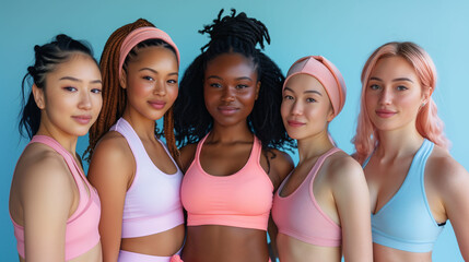 Group of women of different ethnicities wearing sportswear, looking at camera, smiling confidently....