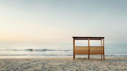 Fototapeta na wymiar An empty beach with a wooden product display stand, early morning sea light mixing with sunrise light, creating a serene, inviting shopping experience