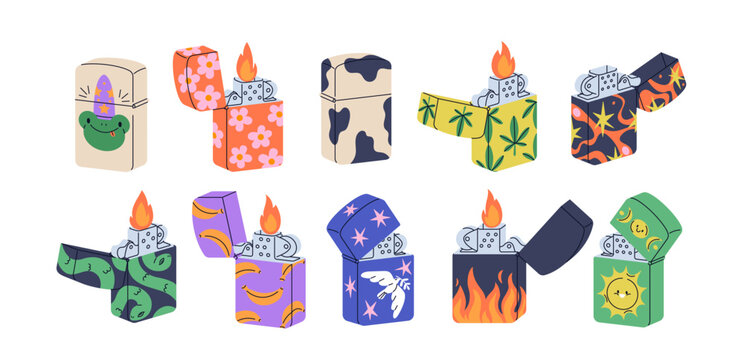 Trendy lighters set. Cigarette lighting accessory in colorful modern designs, cool stylish prints. Smoking flame equipment with art patterns. Flat vector illustration isolated on white background