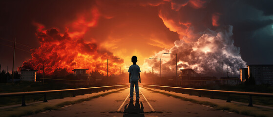 A lone child gazes upon an apocalyptic blaze engulfing the horizon