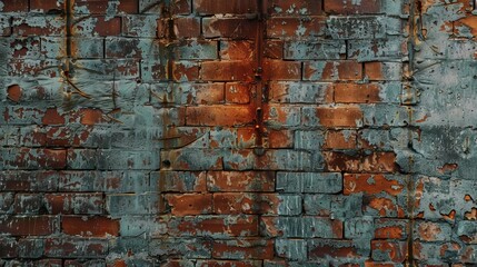 An old wall tells a story of time, its rusted grain patterns creating a striking contrast against the enduring character of brick - obrazy, fototapety, plakaty