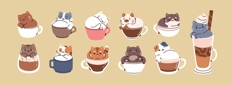 Cute cats inside coffee cups set. Funny kawaii comic kitties in sweet drink. Liquid kittens, adorable lovely feline animals, happy fun meme, pussycats. Isolated humor flat grahic vector illustration
