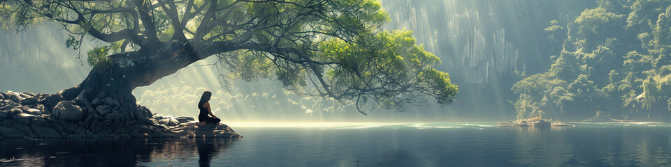 A lonely girl sits and meditates while enchanted morning light bathes a serene lake with ancient tree and misty cliffs