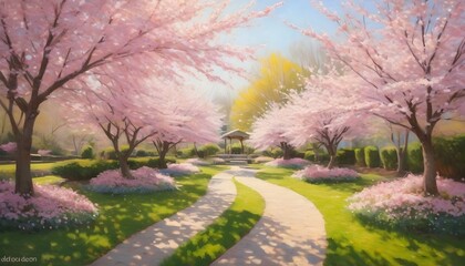 Naklejka na ściany i meble Serene-Sunlit-Garden-With-Blooming-Cherry-Blossom- 3