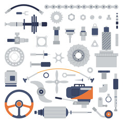 Boat spare parts. Various ship mechanism for repair service. Yacht or boats flat gears, pipes and bearing, motor chain and valve, decent vector icons