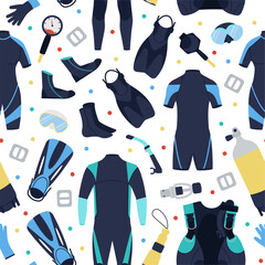 Scuba diving seamless pattern. Snorkeling hobby, underwater exploring elements. Tourist activity in ocean, suits and equipment decent vector background