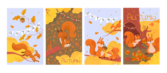 Cards with forest squirrel. Cartoon squirrels in autumn. Wild animal characters sorting and storing food, eating nuts and jumping, nowaday vector banners
