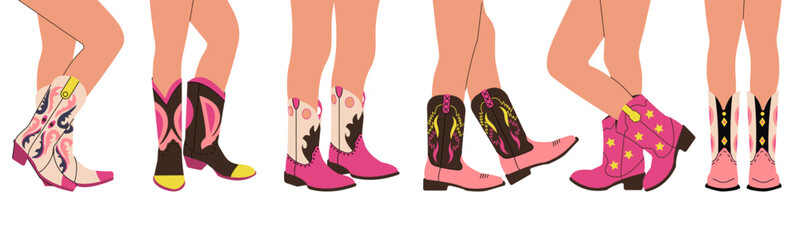 Legs in cowboy boots. Cowgirl leg, fashion young women wear wild west style shoes. Western and texas, cartoon trendy accessories decent vector set