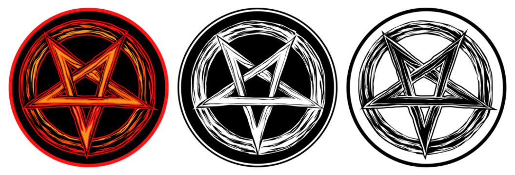 Set vector pentagram sign. star reversed icon. pentacle symbol gothic style illustration
