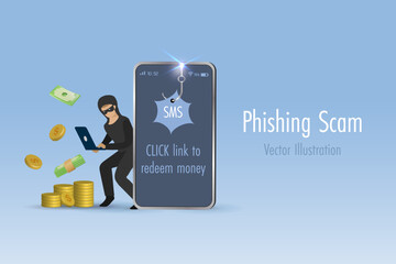 SMS phishing scam, cyber attack and digital crime. Hacker online send SMS fraud link to steal money from mobile user. Vector.