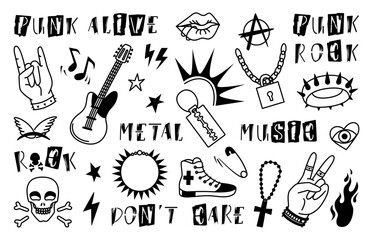 Rock style elements. Punk vintage clipart with objects and phrases grunge alphabet. Hard rock metal, skull, guitar and anarchy symbol, neoteric vector set