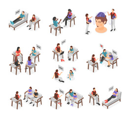 Isometric psychotherapy characters. People sitting in chair, lying on the couch and talking with professional psychologist or psychotherapist, flawless vector set - 779496335