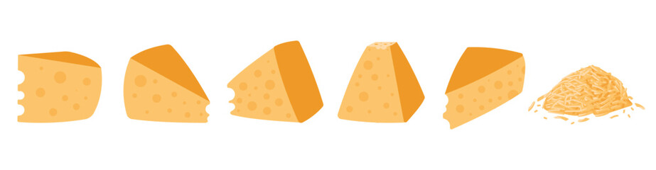Cut cheese slices in different rotations. Grated cheese, straws, triangle slice. Tasty dairy ingredient italian, greek, french cuisine. Decent vector set - obrazy, fototapety, plakaty