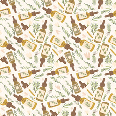 Essential oil seamless pattern. Amber glass dropper bottle of oil with fresh herb branch green leaves and flowers repeat background. Aromatherapy endless cover. Vector hand drawn illustration.