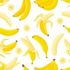Cartoon bananas background. Yellow banana seamless pattern. Fresh tropical fruits fabric print design. Sweet vegan dessert, neoteric vector template
