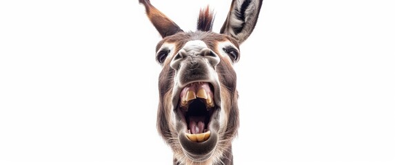 A laughing donkey with open mouth isolated on white background, copy space concept. banner with free place for text.