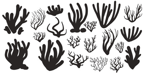 Coral reef black silhouette set isolated on white background. Sea underwater elements. Vector simple illustration - obrazy, fototapety, plakaty