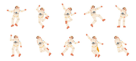 Dancing astronauts. Flying and floating in air cosmonauts in space suits and helmets. Spacemen dancers, electro party snugly vector characters - 779496551