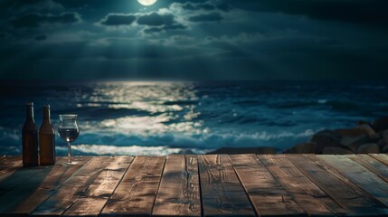 Seaside wooden table set under moonlight, providing a serene setting for intimate product displays against the gentle sea light and blurred beach
