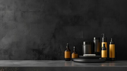 Sleek black dark cement wall in a modern studio, providing a minimalist backdrop for displaying products with ample free space