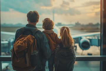 Back view of happy family standing near a large plane with two suitcases outdoor. Trip concept - Powered by Adobe