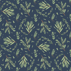 Naklejka premium Rosemary herbs branch seamless pattern. Rosemary plant green leaves repeat background. Botanic dark endless cover. Vector simple hand drawn illustration.