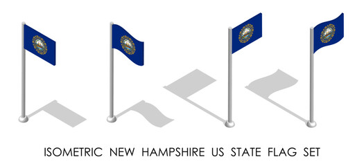 Isometric New Hampshire US state in static position and in motion on flagpole. New Hampshire map pin mark. 3d vector isolated on white background
