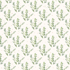 Rosemary herbs seamless pattern. Rosemary plant green leaves repeat background. Botanic endless cover. Branches static loop ornament Vector hand drawn illustration.
