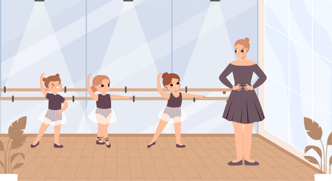 Ballet class. Little ballerinas with teacher on lesson. Classical dance workout for toddlers, training and development for children, snugly vector scene