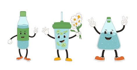 Obraz premium Retro cartoon characters of bottle and glass of water. Drink rubber hose animation style groovy mascots. Drink more water cards. Ecologic and wellness vector flat illustration isolated